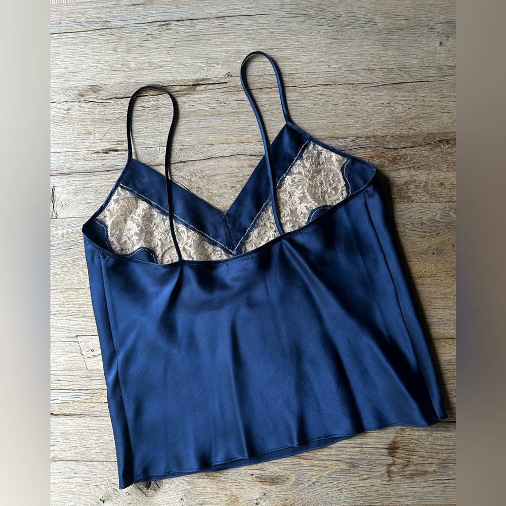 Vintage Morgan Taylor Camisole 100% Silk / Dark Blue / Ivory Lace / Size Small - Picture 4 of 8